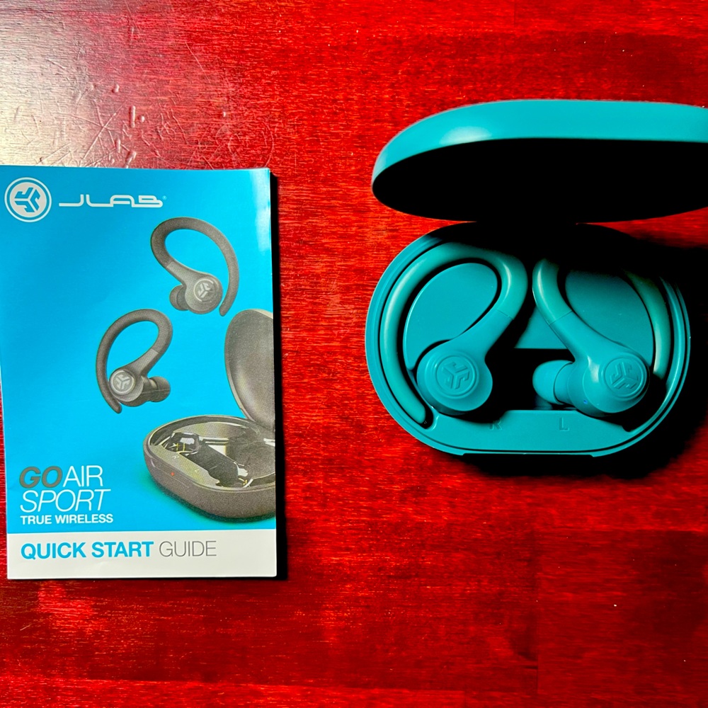 JLAS GoAir Sport true wireless over ear earbuds with charger